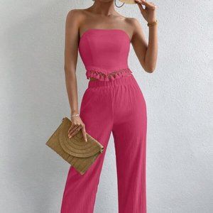 Fringe Trim Tube Top & Wide Leg Pants